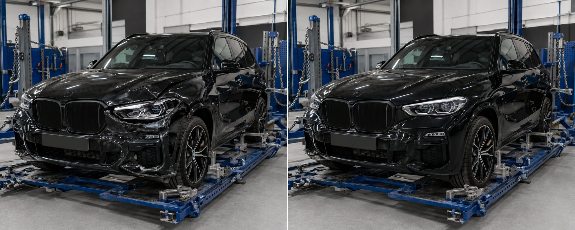 Luxury SUV before and after collision repairs