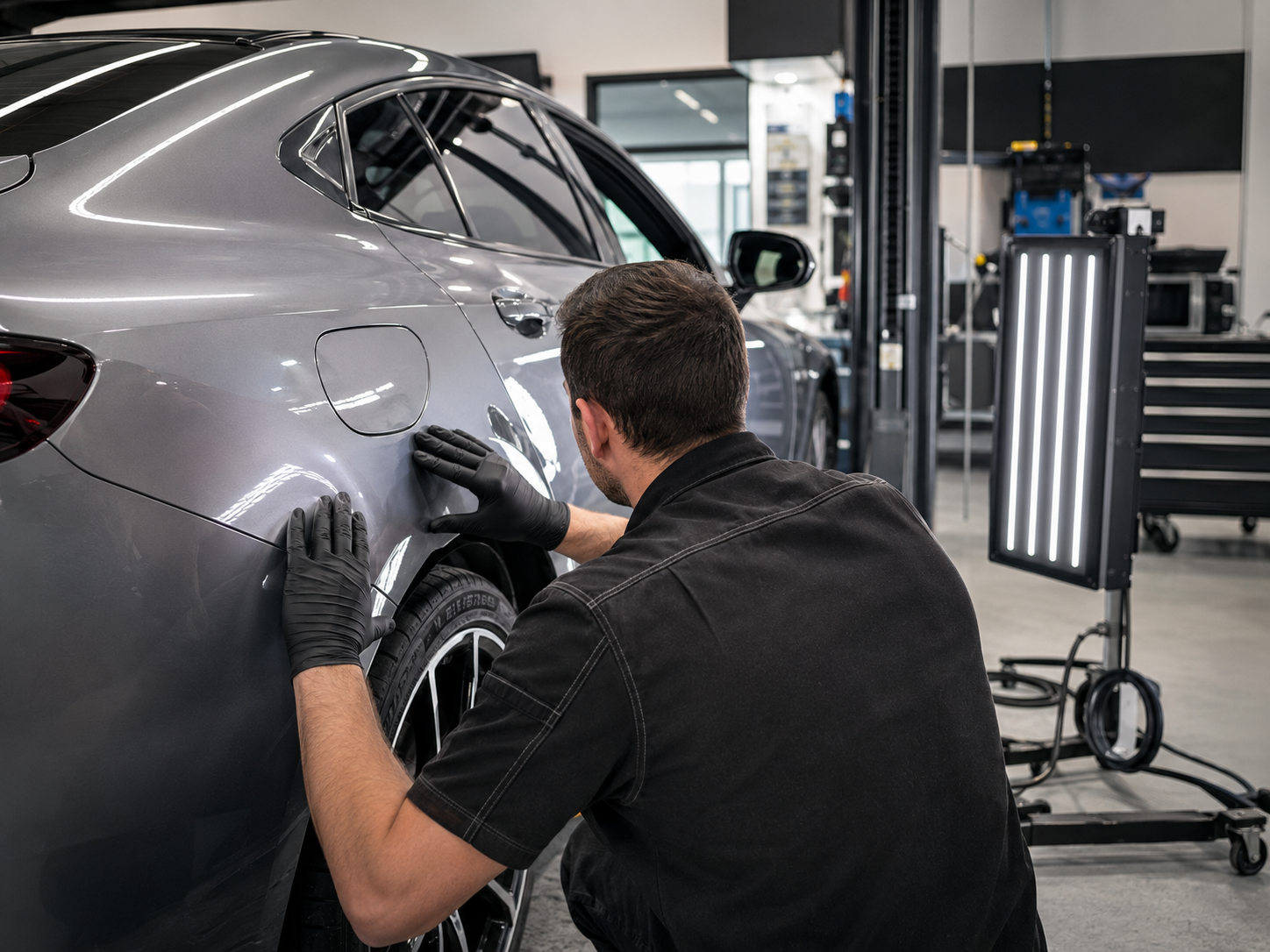 Technician inspecting a vehicle panel during the repair process